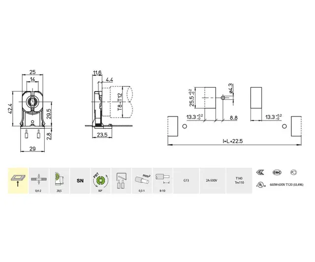 G13 lysrørholder for T8 -/12 3254-13/S-SN-TR 