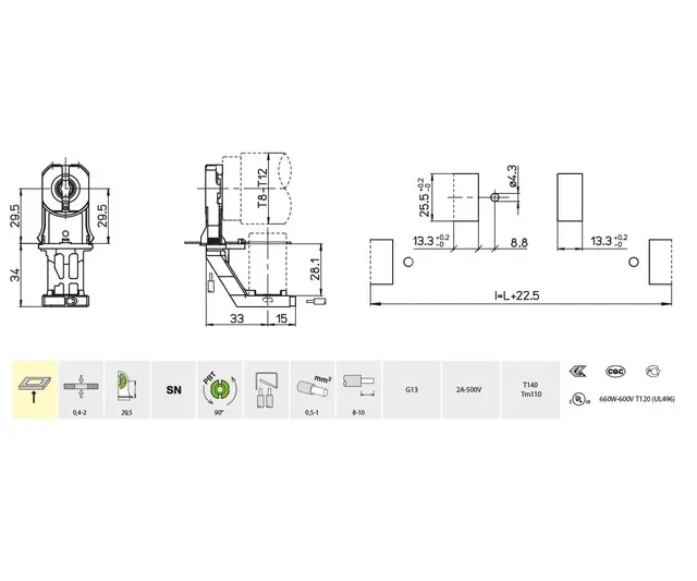 3254-13/c-SN-TR, lysrørholder Med tennerholder, innstikkfeste 