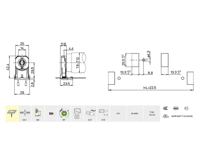 3254-13/S-TR, lysrørholder m/styretapp Innstikkfeste 