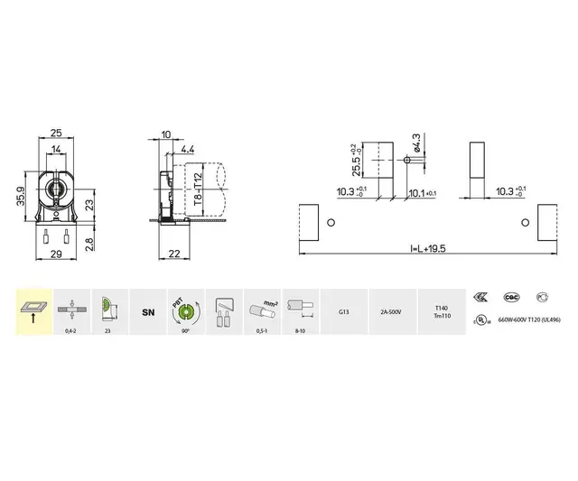 3249-13/S-SN-TR, lysrørholder U/styretapp, innstikkfeste 