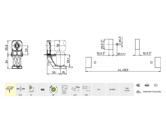 3249-13/C-SN-TR, lysrørh. m/tennerholder Innstikkfeste 