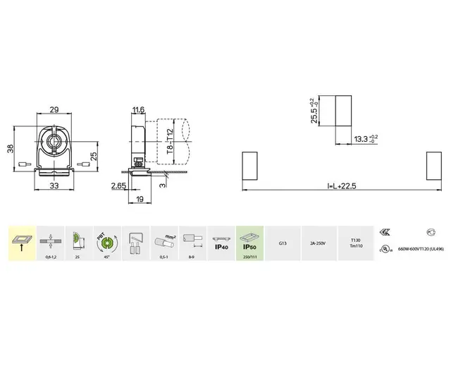 250/S lysrørholder, IP40, innstikkfeste 