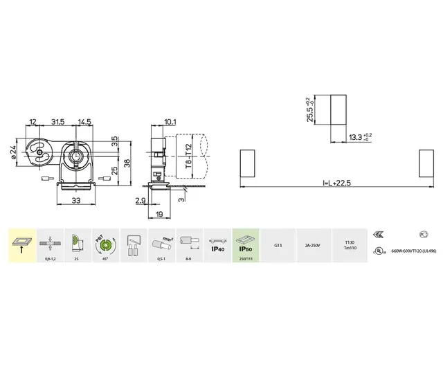 26.308.5125.50, lysrørholder, m/tennerh. IP40, innstikkfeste 