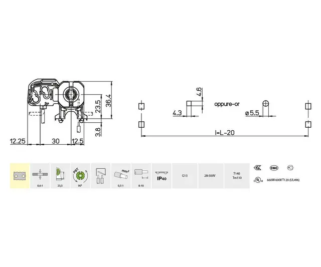 3251/C-TR, lysrørholder m  starterholder Sneppfeste, Ø=5,5mm 