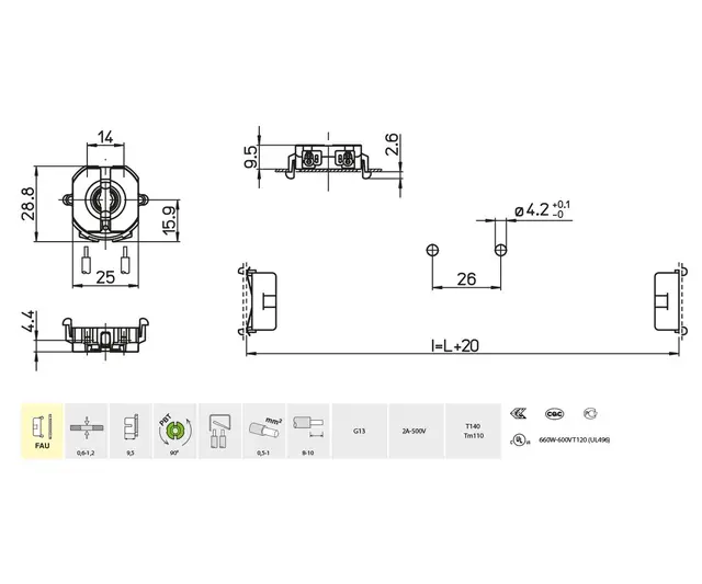 3345/FAU-9,5-TR  lysrørh.G13,9,2mm Sneppfeste 