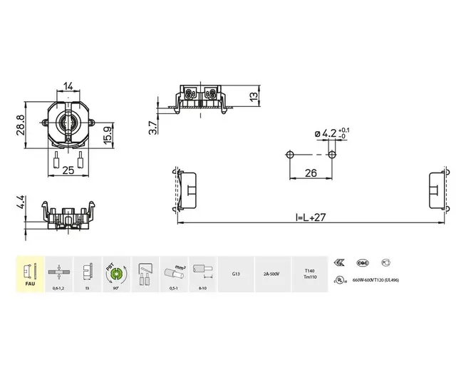 3345/FAU-13-TR lysrørh. G13, 13mm, snepp 