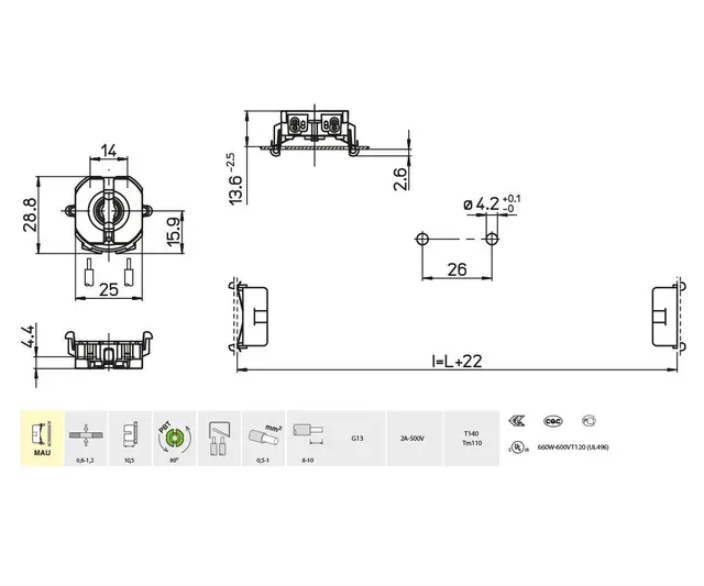 3345/MAU-10,5-TR lysrørh.G13,10,5mm Snepp,fjær 