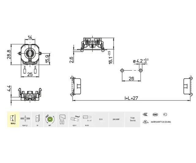3345/MAU-13-TR lysrørh.G13,13mm Snepp,fjær 