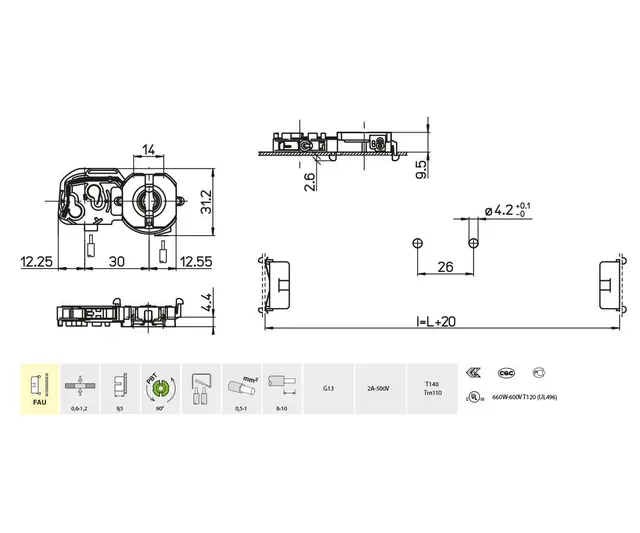 26.422.5009.50 lysrørh.m/tennerholder, 