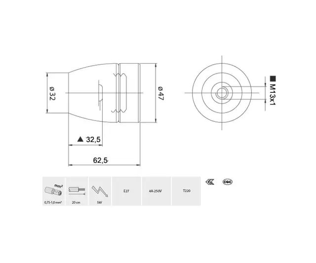 Porselensholder, E27, 13mm nippelfeste 