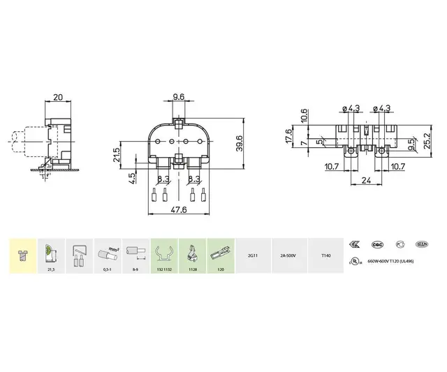 441/V, lysrørholder, 2G11 Skrufeste i bunn 