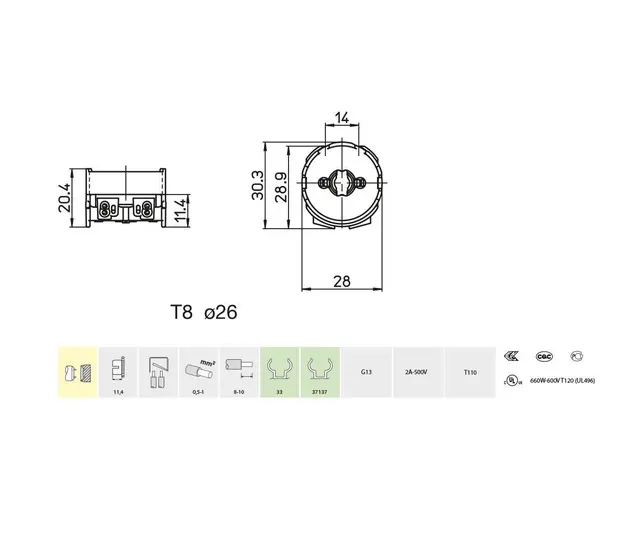 26.424.1001.50, lampeholder G13. 