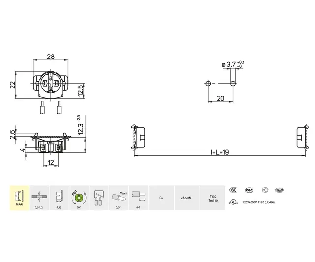 285/MAU-TR  lampeh. T5 Tapper bak, u/fjær 