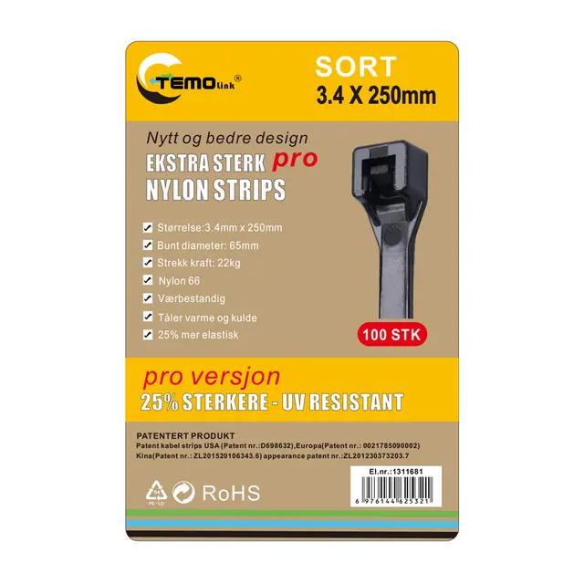 Nylon strips 3.4x250 Sort 100 stk 