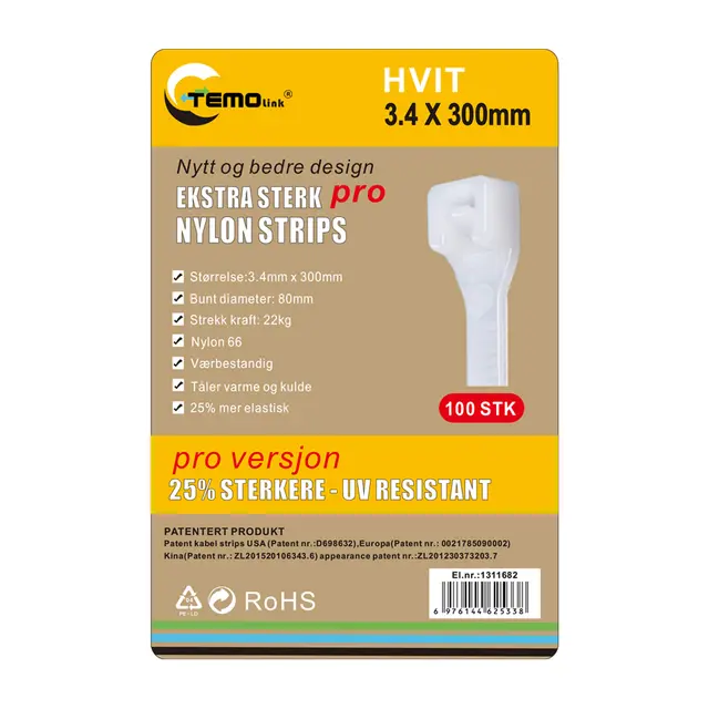 Nylon strips 3.4x300 Hvit 100 stk 
