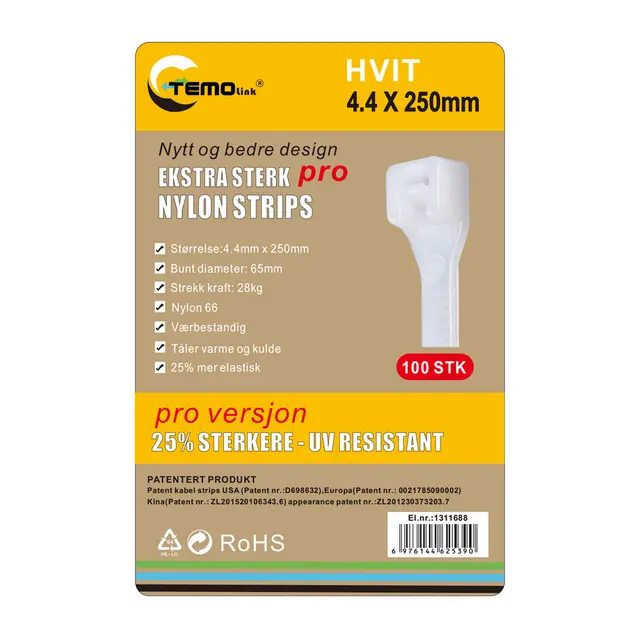 Nylon strips 4.4x250 Hvit 100 stk 