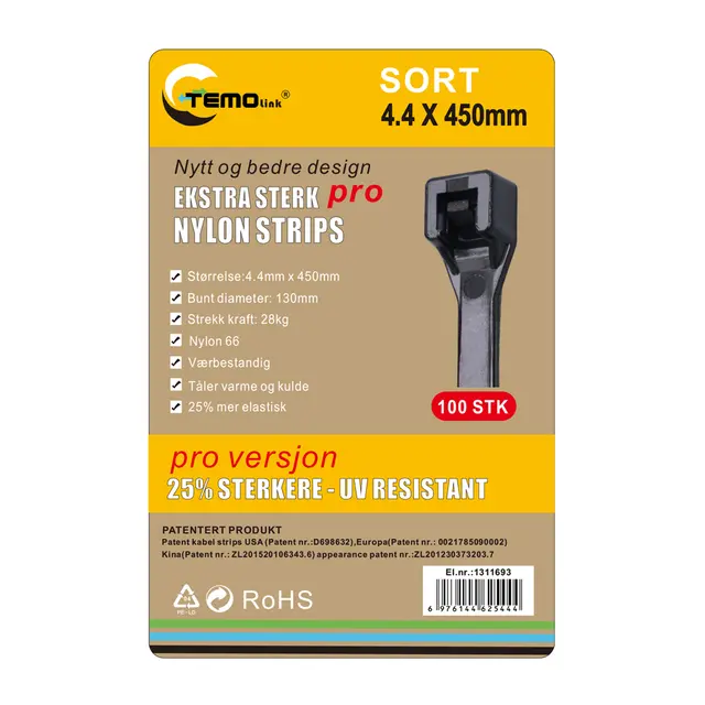 Nylon strips 4.4x450 Sort 100 stk 