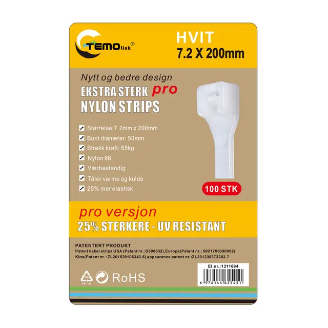 Nylon strips 7.2x200 Hvit 100 stk 
