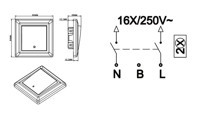 Bryter 16A/2 sort innfelt 2 pol 