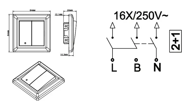 Bryter 16A/2+1 sort innfelt 2+1 pol 