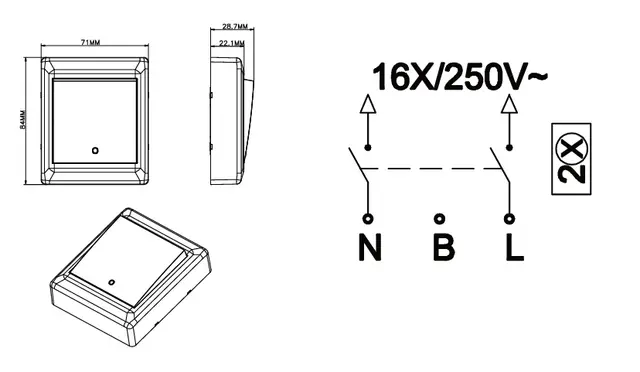 Bryter påvegg 16A/2 sort IP20 2 pol 