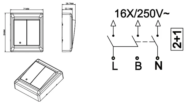 Bryter påvegg 10A/2+1  sort IP20 2-1 pol 