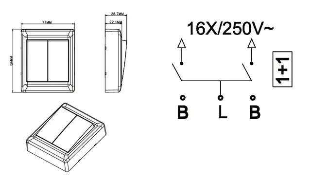 Bryter påvegg 16A/1+1 sort IP20 1+1 pol 