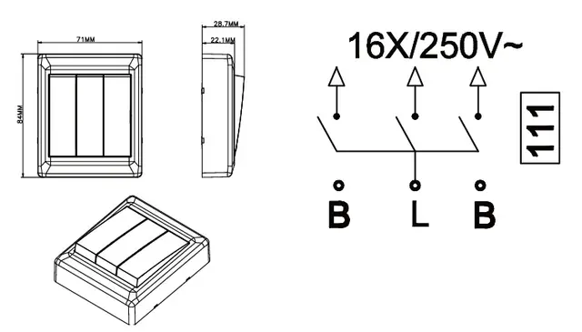Bryter påvegg 16A/1+1+1 polarhvit IP20 1+1+1 pol 